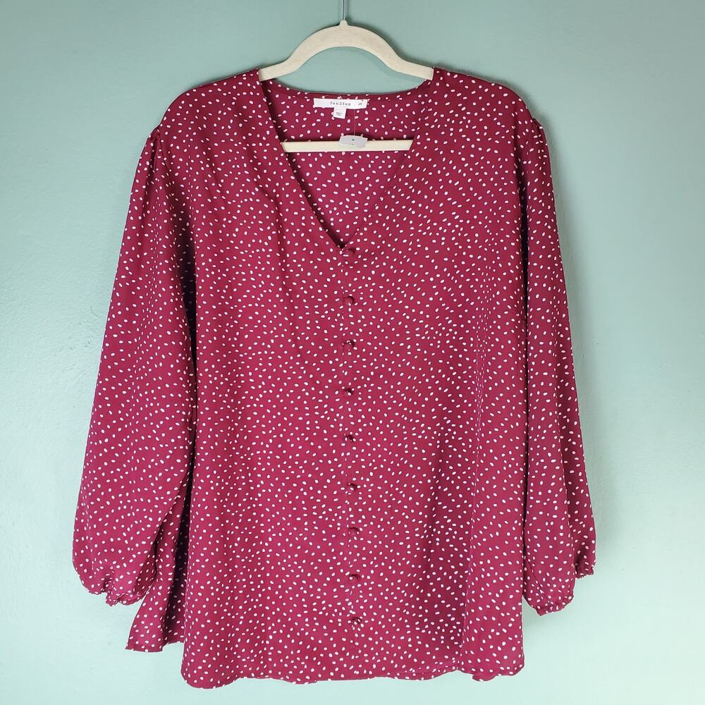 Fun2fun Womens Red Dot V-Neck Button Detail Long Sleeve Blouse Size 2X